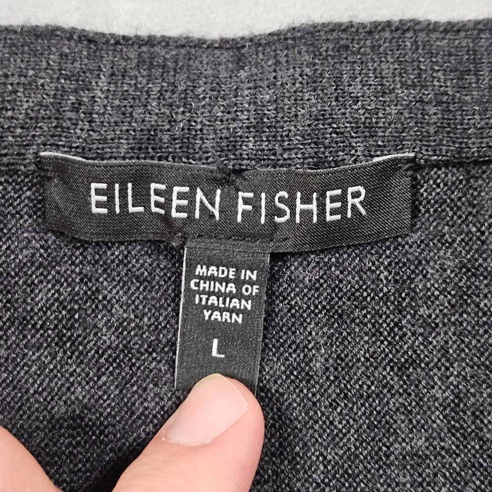 Eileen Fisher Sweater Womens Lare Gray Merino Wool Sequin Trim Scoop‎ Neck Boxy